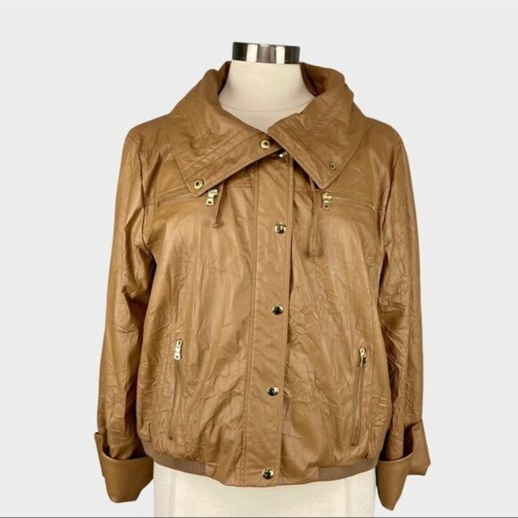 Ellen Tracy Womens Tan Crinkled Faux Leather Bomber Jacket Moto Zip size Large - Picture 1 of 15